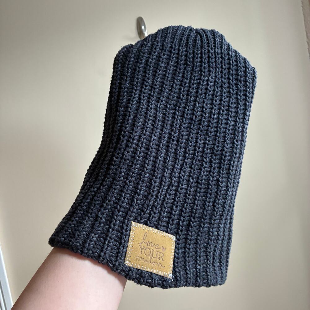 Love Your Melon NWT Smoke Beanie with olive patch black charcoal knit hat OS